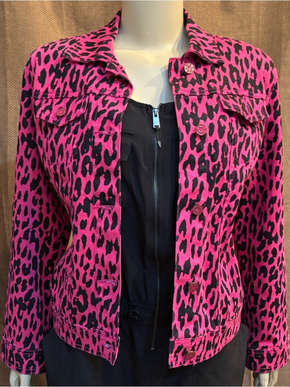 Diane Gilman Hot Pink and Black Leopard Print Jean Jacket